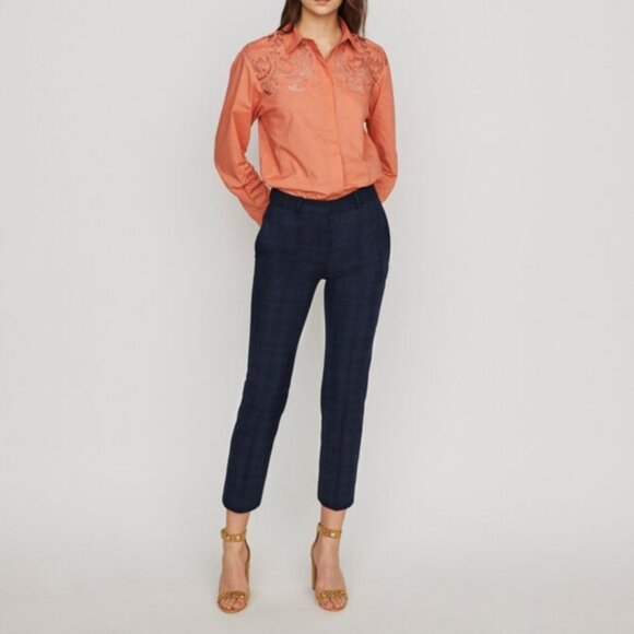 MAJE Preppy Plaid Academia Office Crop Pleated Navy Blue Trousers Pants Size 34 - Picture 5 of 13